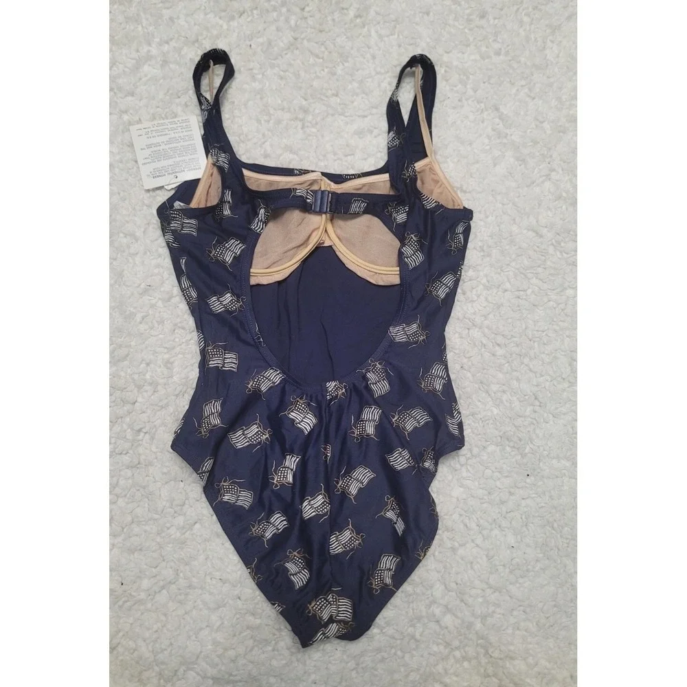 Vintage Speedo Women's  One Piece‎ Swimming Suit 14 Navy Blue American Flags